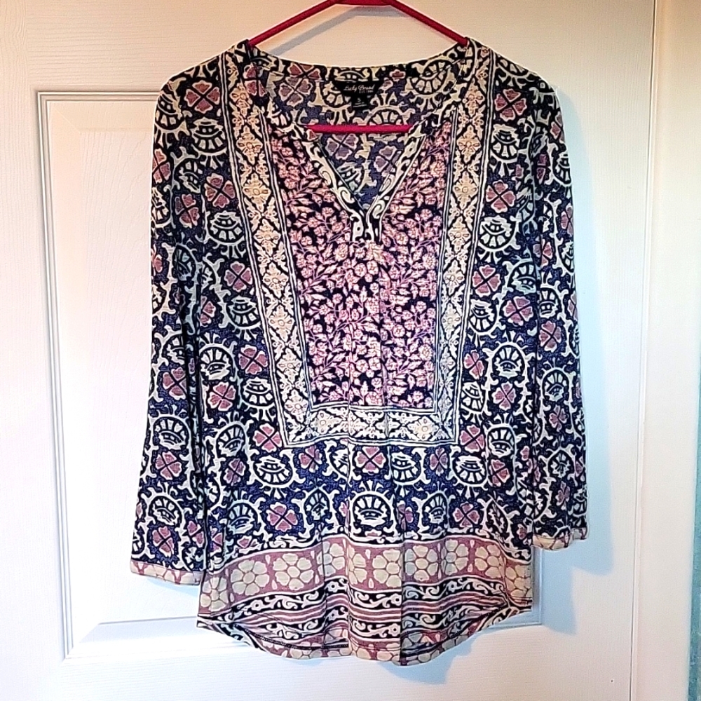 Lucky Brand Shirt Womens Size Small Blue Pink Boho Floral Geometric